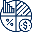 An illustration of a pie chart divided into four that has a bar graph, a shaded quadrant, a division symbol, and a dollar sign
